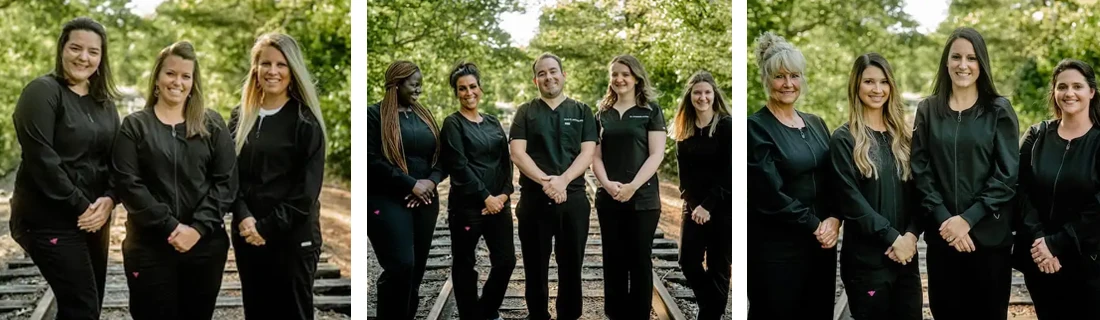 Three photos of all the staff. They are smiling outside.